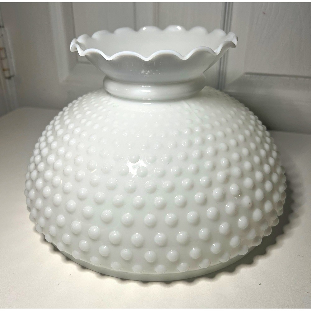 Vintage Milk Glass Hobnail Hurricane Lamp Shade Ruffled Rim 10" Fitter